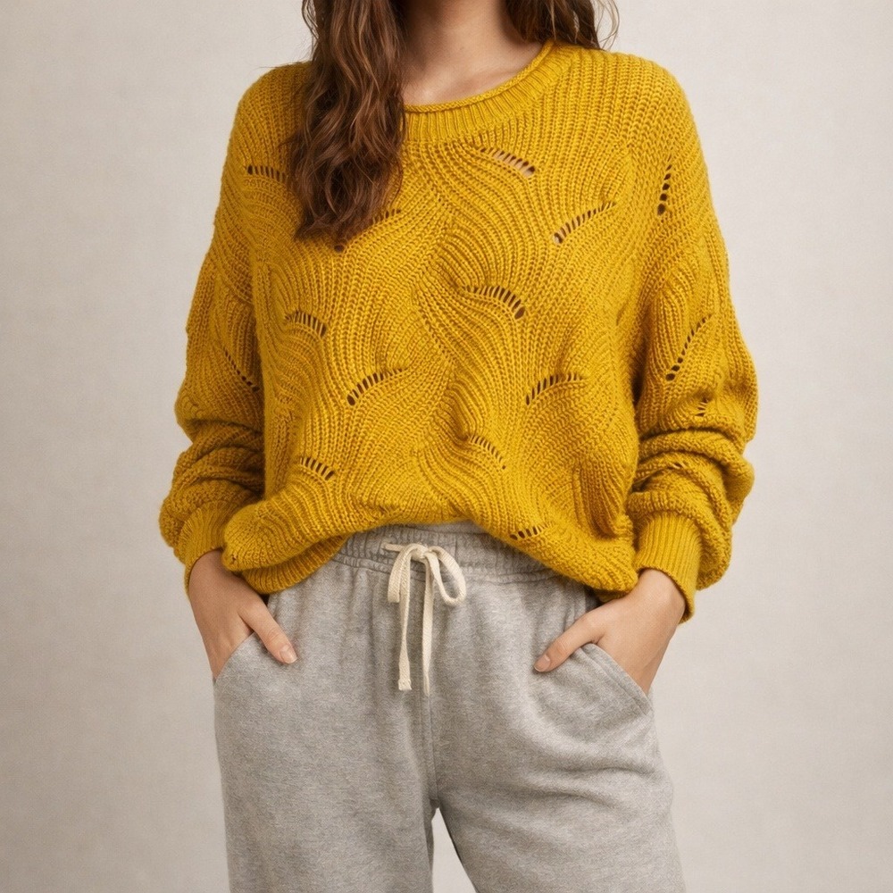 Forever 21 Mustard‎ Yellow Bubble-Knit Cropped Sweater Drop-Stitch Sleeves Small